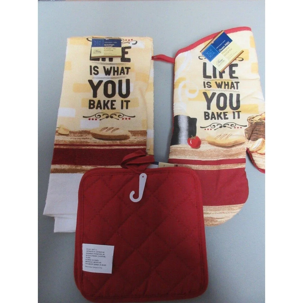 Kitchen Towel Set 4 Piece - Pot Holders, Oven Mitt and Cotten Kitchen Towel SET